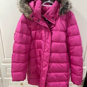 Lands' End Pink Women's Down Coat with Faux Fur Hood